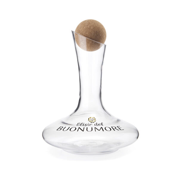 Decanter con tappo sfera e anelli  segna calice in sughero